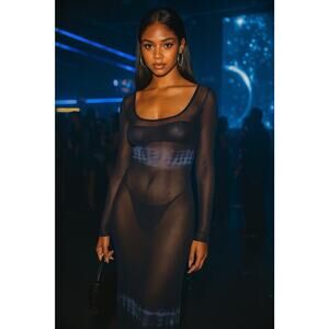 VTG Y2K Cache Sheer Mesh Long Sleeve Maxi Club Festival Goth Baddie Resort Dress